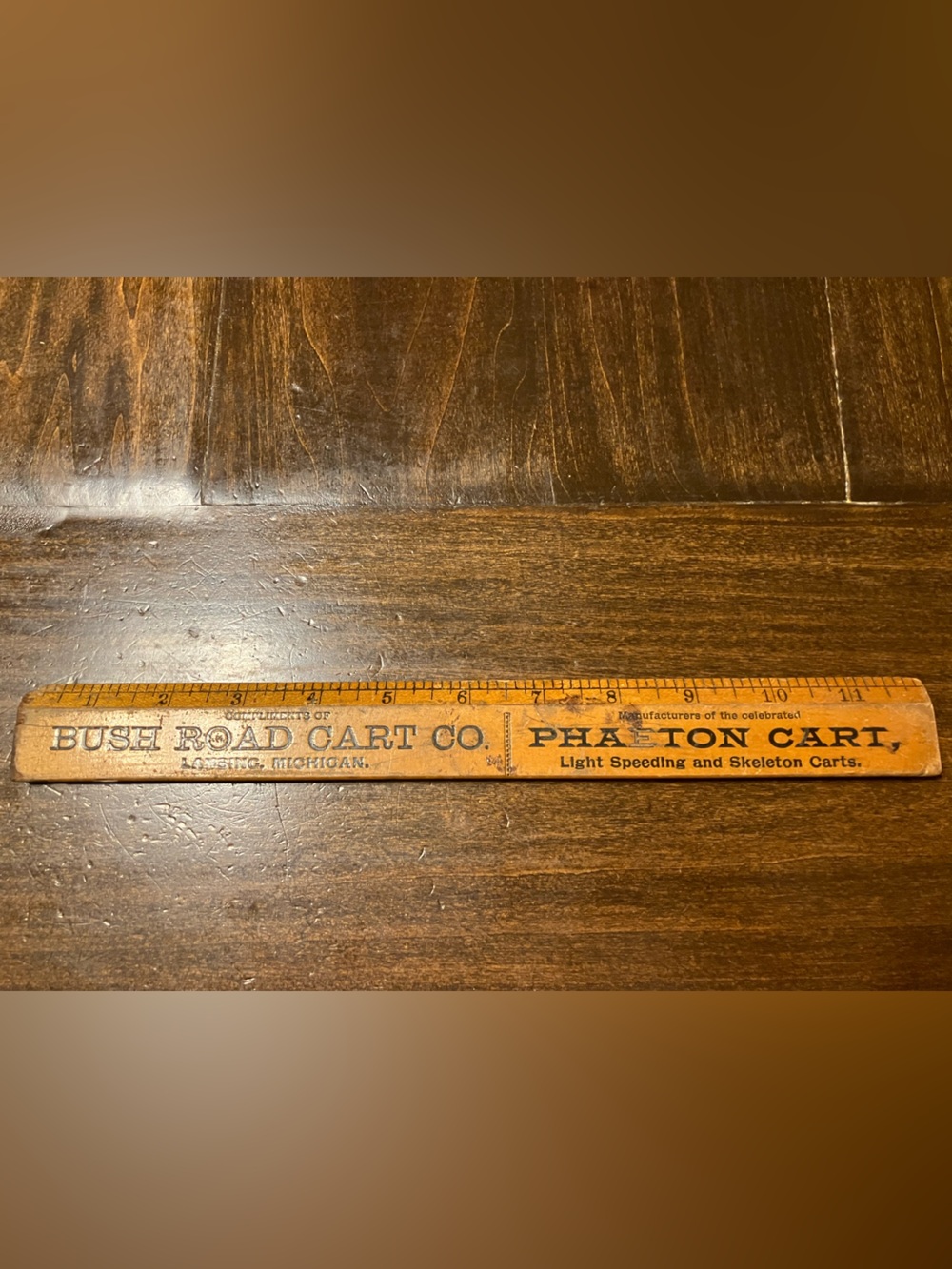 Rare Late 19th century Bush Road Cart Co. Wooden Ruler, Lancing, Michigan